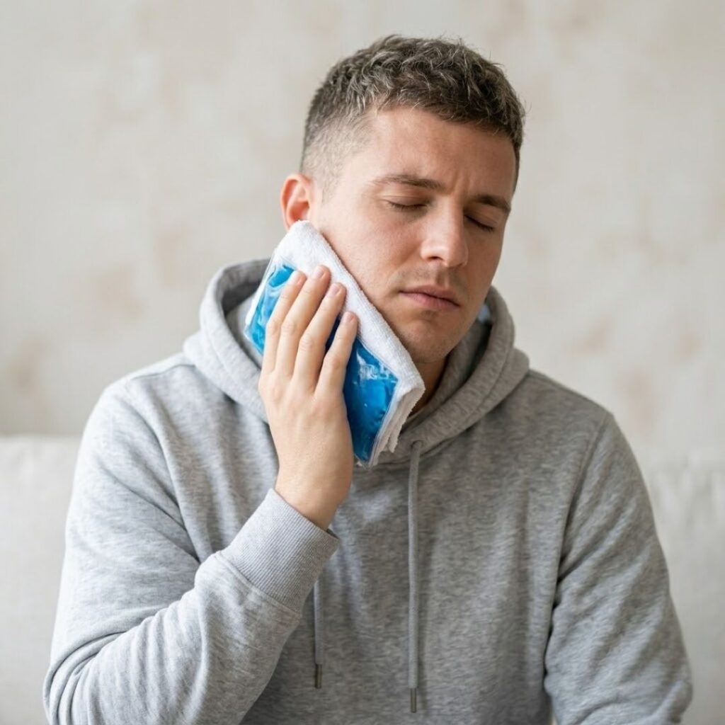 man holding ice pack to jaw