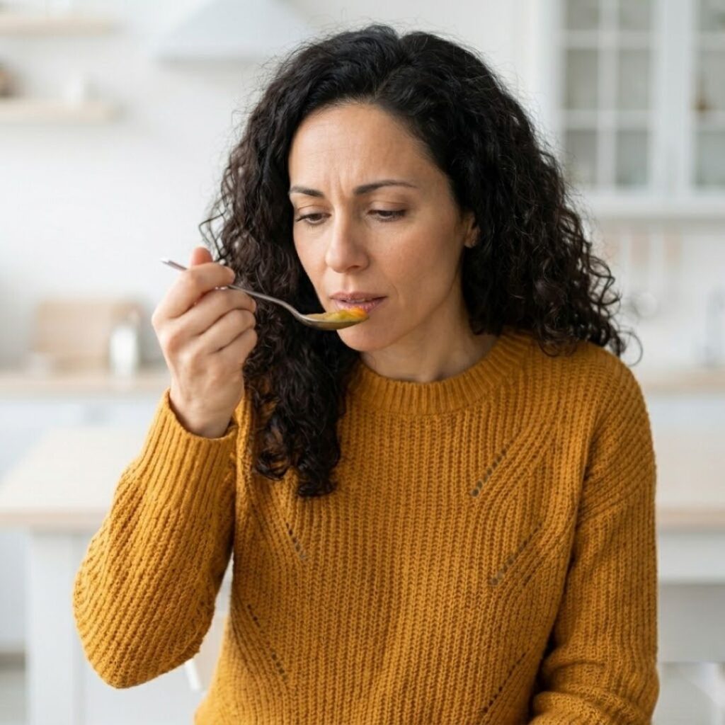 woman sipping soup from a spoon