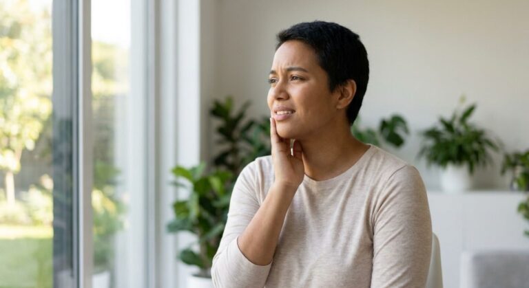 woman holding her jaw in pain