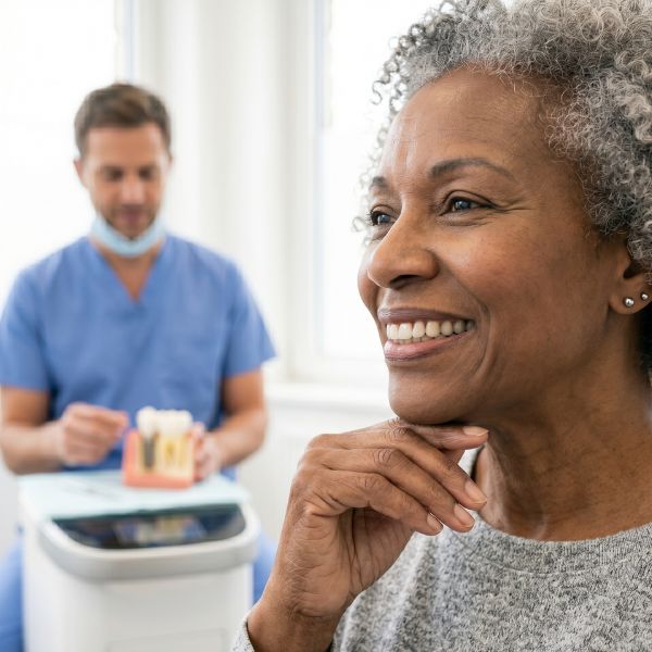 woman and dentist in background