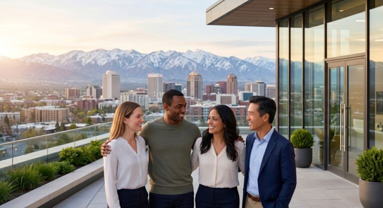 people outside a building smiling