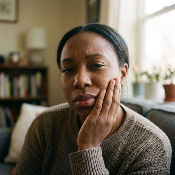 woman holding face