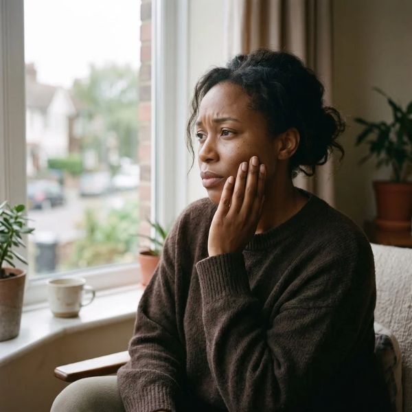 woman touching side of face