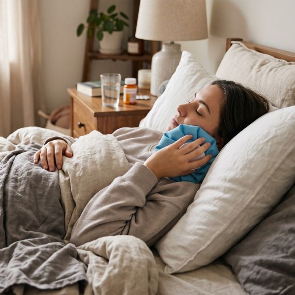 woman holding cold compress to face