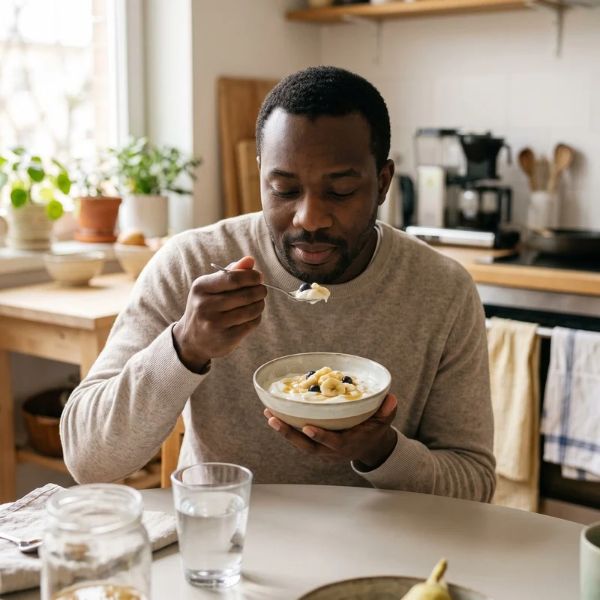 man eating yogurt