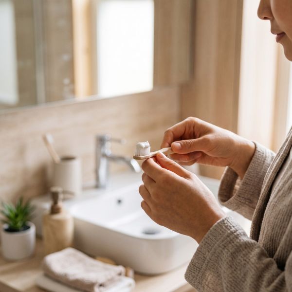 woman brushing teeth